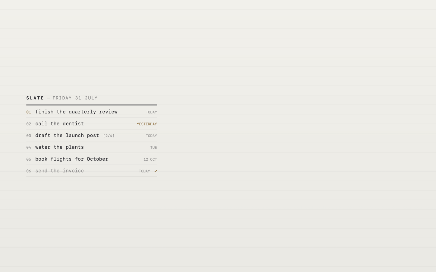 Ledger template: monospaced, numbered, ruled rows