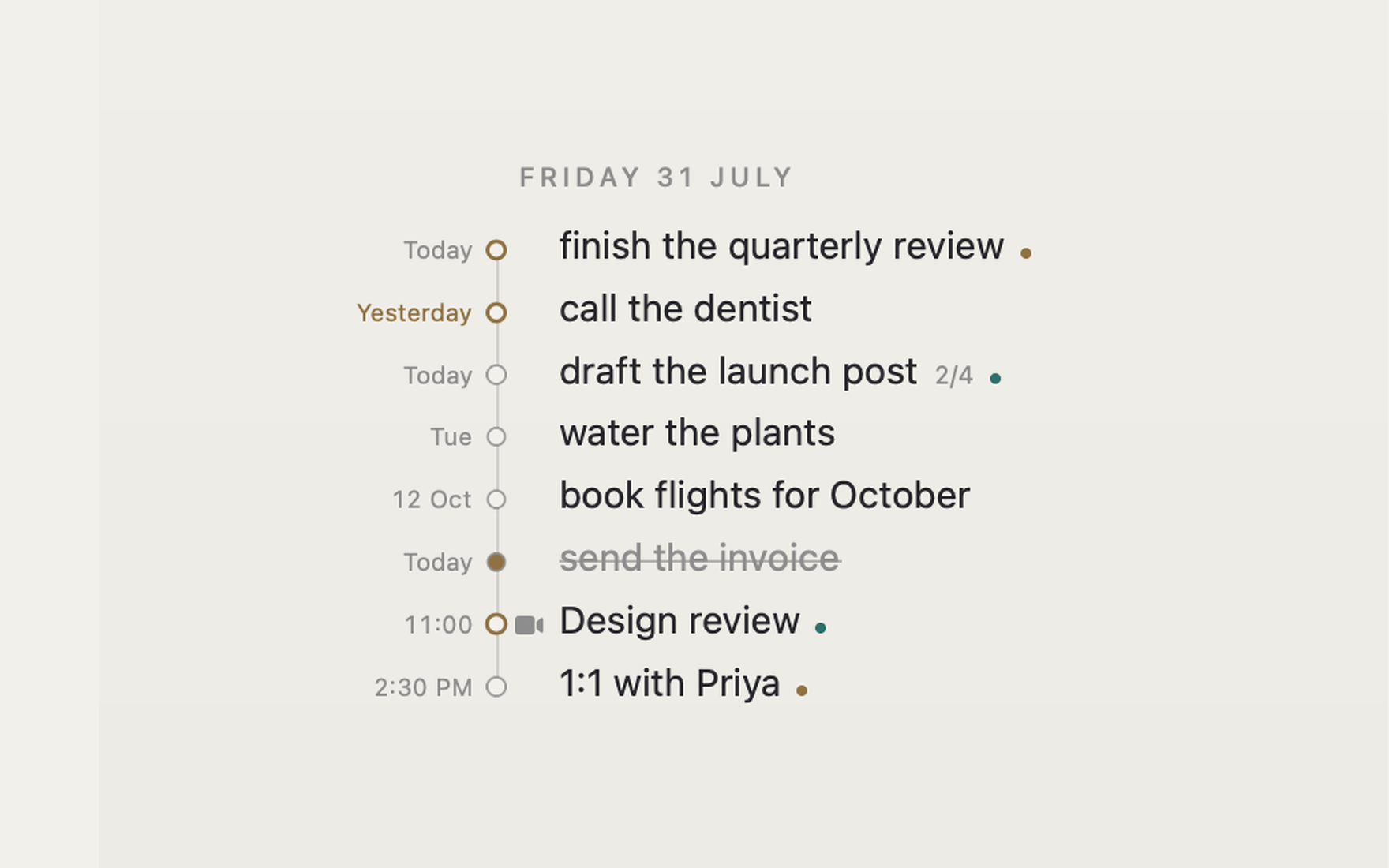 The Timeline template: tasks and calendar events threaded on a single vertical spine.