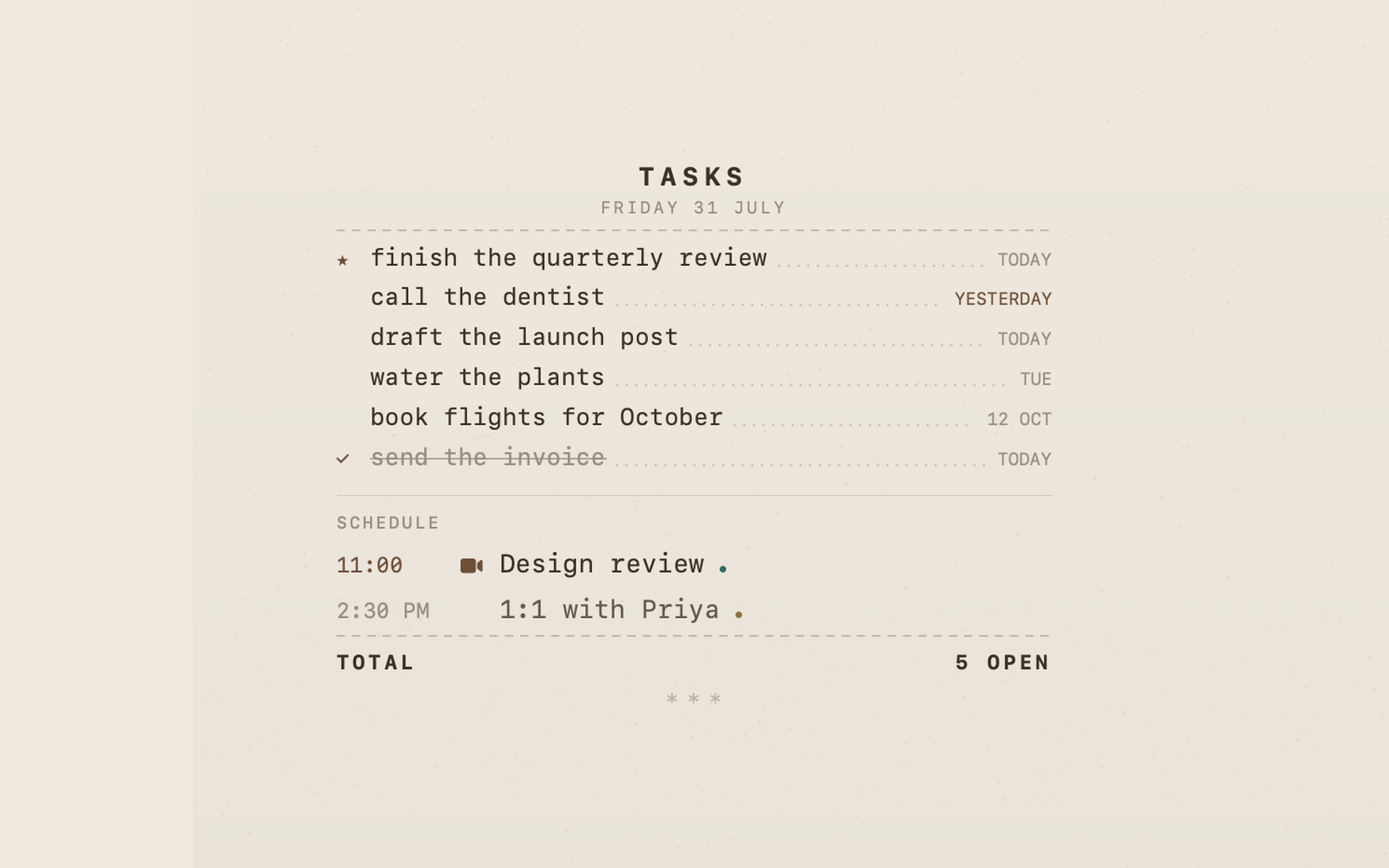 The Receipt template: a till receipt with dashed rules and leader dots.