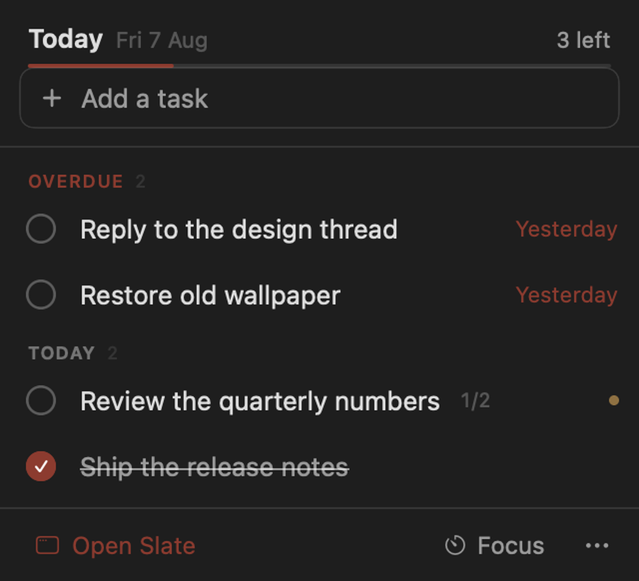 Slate's menu-bar panel: today's tasks with overdue ones grouped separately, and a field to add another.