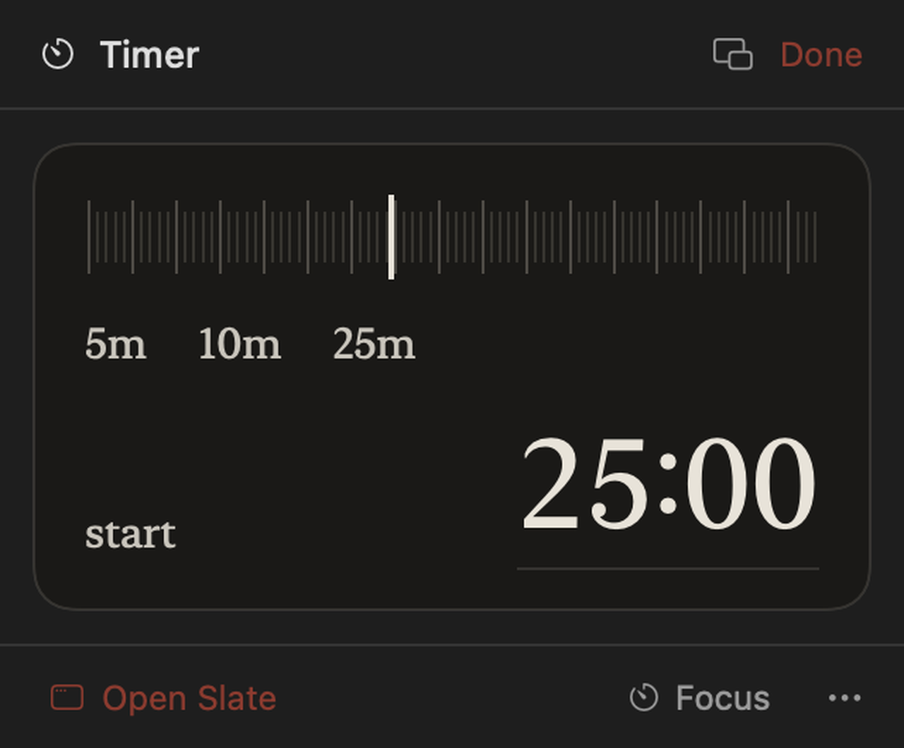Slate's timer in the menu bar: a ruled scale, presets for five, ten and twenty-five minutes, and a large 25:00 countdown.